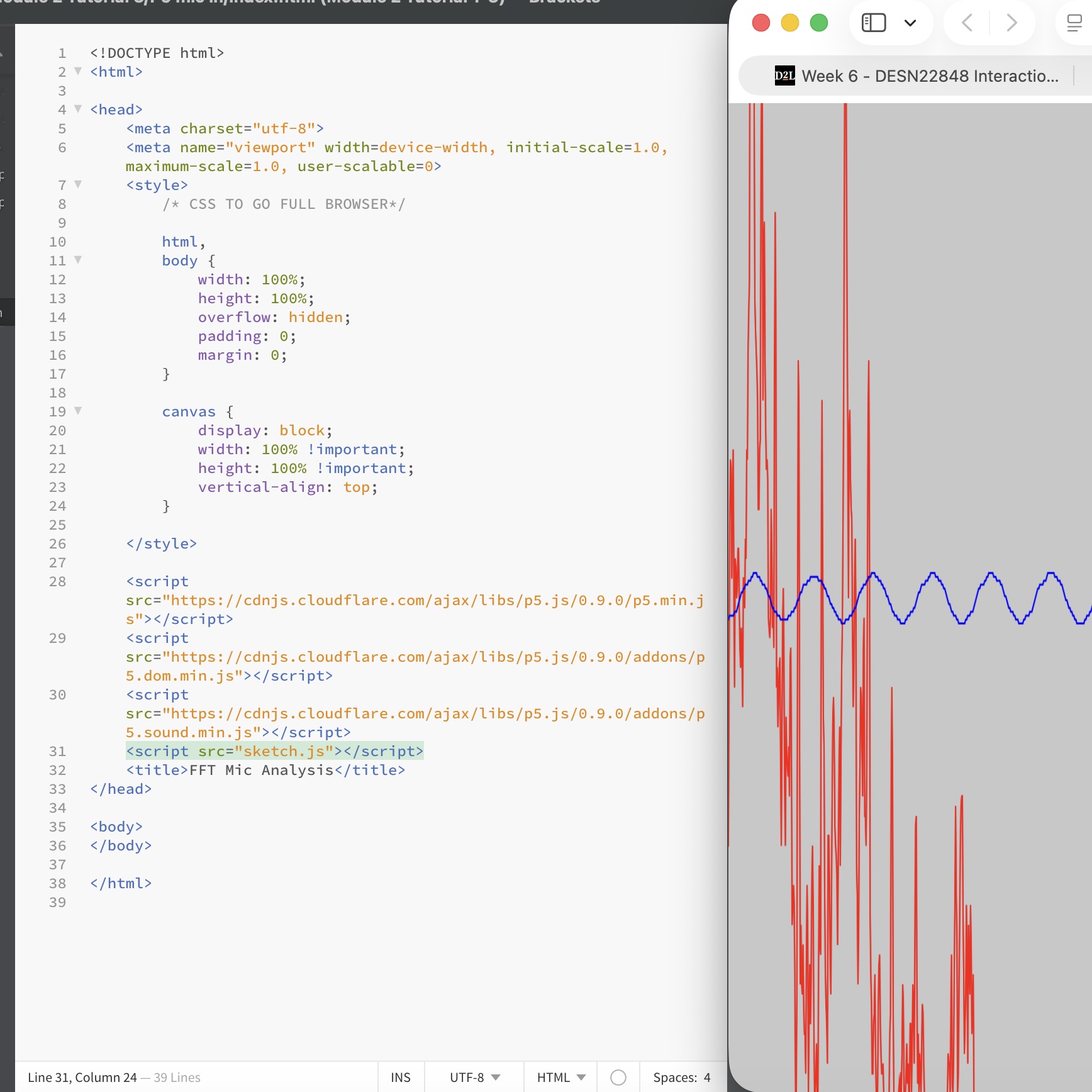 The tutorial shows a webpage that can turn the input audio into two waveforms.