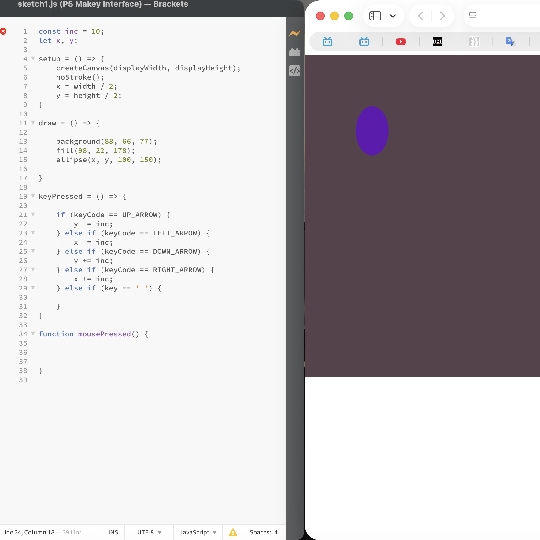 Moving the ellipse by clicking the arrow keys on Makey Makey. I added codes for continuously moving it